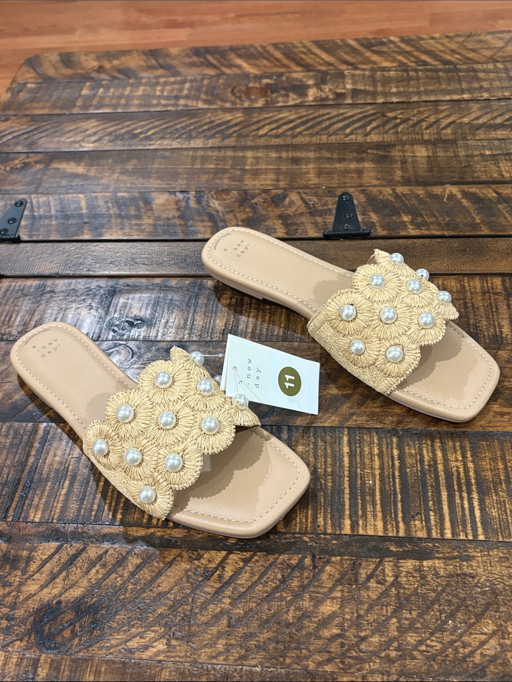 a new day Beige Raffia Pearl-Embellished Slide Sandals